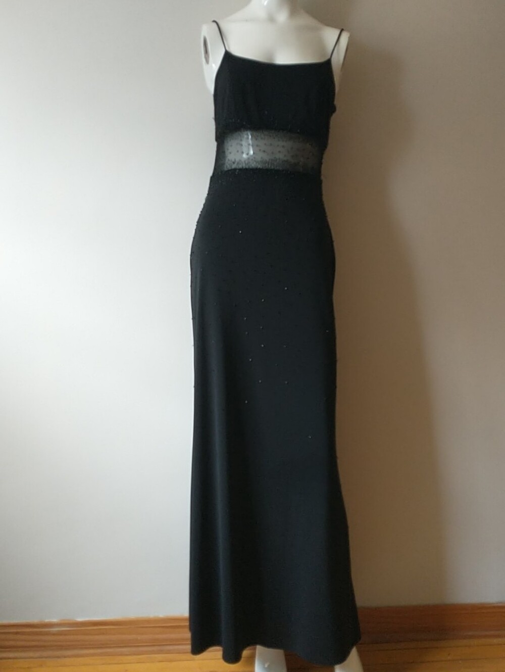 Vtg 90's Y2K Slip Dress Black Beaded Sheer Whimsigoth Fairycore Formal Maxi